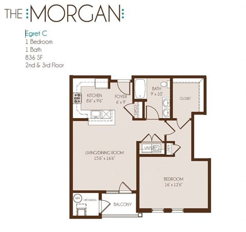 Floor plan for 1 bed, 1 bath, 836 sqft