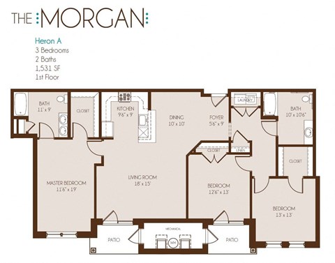 Floor plan for 3 beds, 2 baths, 1531 sqft
