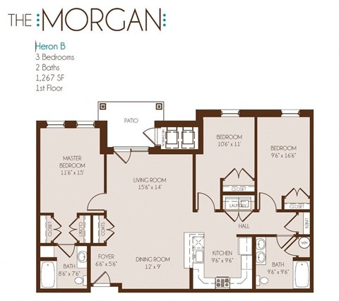 Floor plan for 3 beds, 2 baths, 1267 sqft