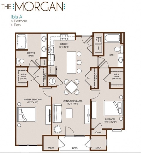 Floor plan for 2 beds, 2 baths, 1100 sqft