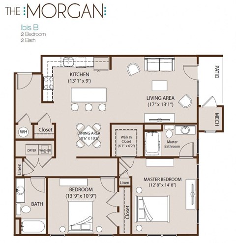 Floor plan for 2 beds, 2 baths, 1248 sqft