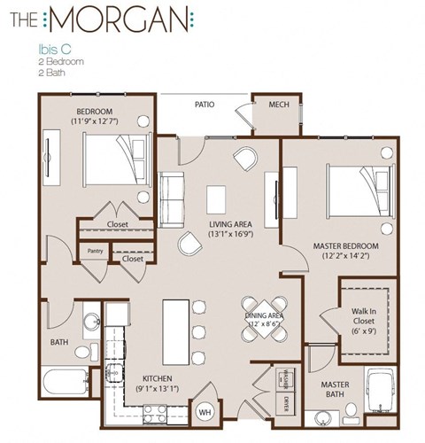 Floor plan for 2 beds, 2 baths, 1189 sqft