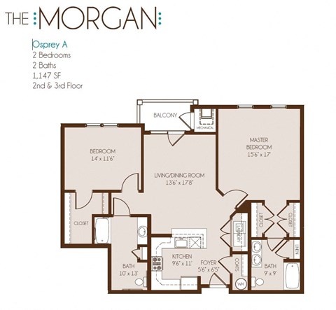 Floor plan for 2 beds, 2 baths, 1147 sqft
