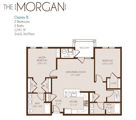 Floor plan for 2 beds, 2 baths, 1091 sqft