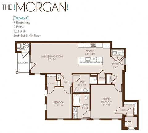 Floor plan for 2 beds, 2 baths, 1110 sqft