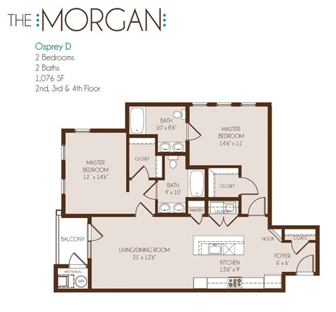 Floor plan for 2 beds, 2 baths, 1076 sqft