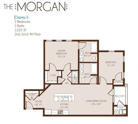 Floor plan for 2 beds, 2 baths, 1025 sqft