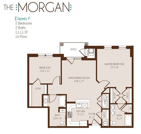 Floor plan for 2 beds, 2 baths, 1111 sqft