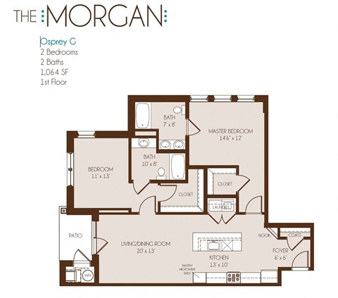 Floor plan for 2 beds, 2 baths, 1064 sqft
