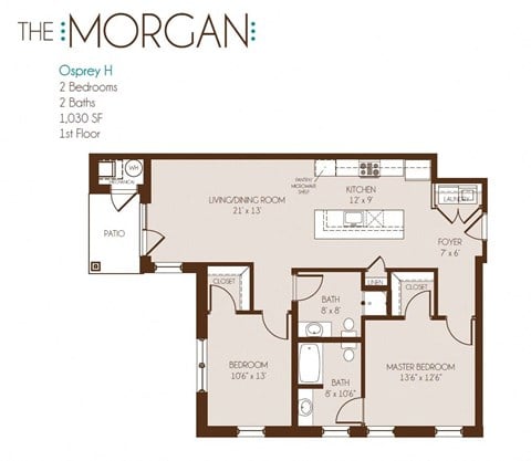 Floor plan for 2 beds, 2 baths, 1030 sqft