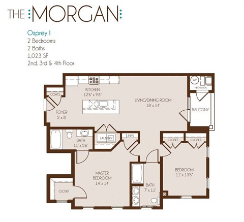 Floor plan for 2 beds, 2 baths, 1023 sqft