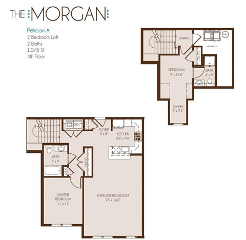 Floor plan for 2 beds, 2 baths, 1078 sqft