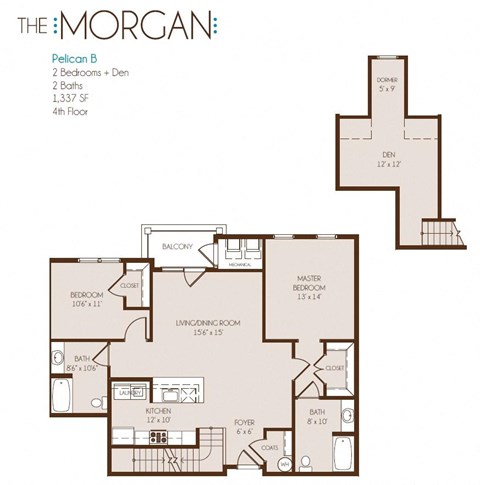 Floor plan for 2 beds, 2 baths, 1337 sqft