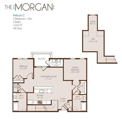 Floor plan for 2 beds, 2 baths, 1163 sqft