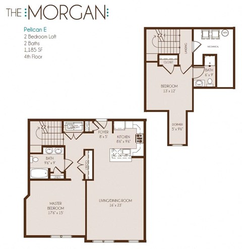 Floor plan for 2 beds, 2 baths, 1185 sqft