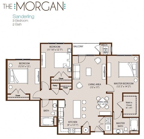 Floor plan for 3 beds, 2 baths, 1394 sqft