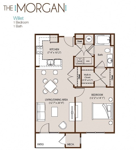 Floor plan for 1 bed, 1 bath, 792 sqft