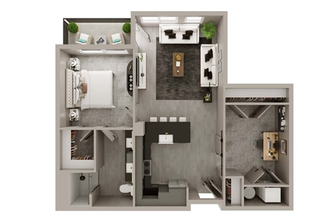 Floor plan for 1 bed, 1 bath, 889 sqft