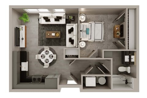Floor plan for 1 bed, 1 bath, 597 sqft