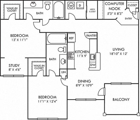 Floor plan for 2 beds, 2 baths, 1196 sqft