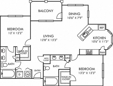 Floor plan for 2 beds, 2 baths, 1183 sqft