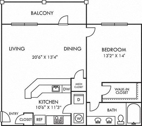 Floor plan for 1 bed, 1 bath, 868 sqft