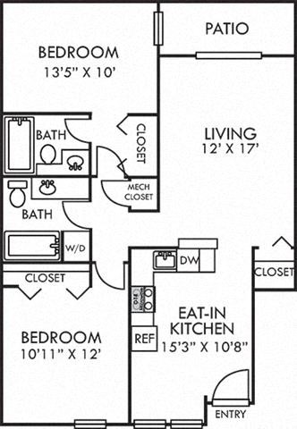 Floor plan for 2 beds, 2 baths, 924 sqft