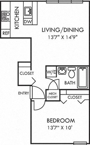 Floor plan for 1 bed, 1 bath, 638 sqft