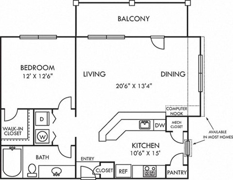 Floor plan for 1 bed, 1 bath, 827 sqft