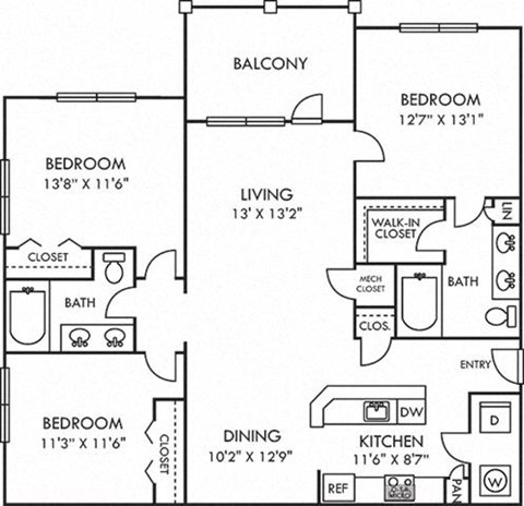 Floor plan for 3 beds, 2 baths, 1349 sqft