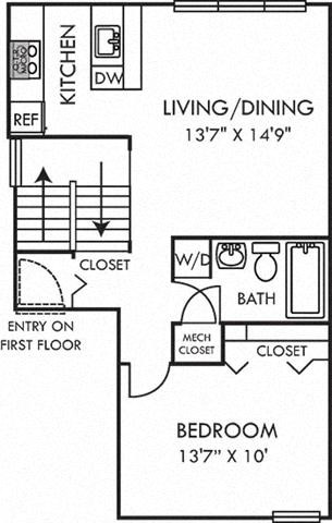 Floor plan for 1 bed, 1 bath, 638 sqft