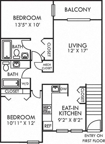 Floor plan for 2 beds, 2 baths, 881 sqft