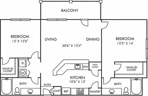 Floor plan for 2 beds, 2 baths, 1154 sqft