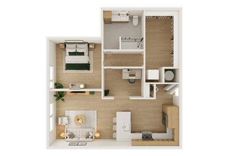 Floor plan for 1 bed, 1 bath, 879 sqft