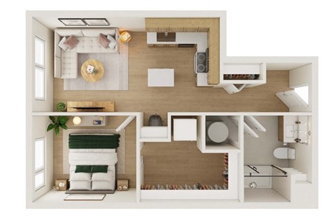 Floor plan for 1 bed, 1 bath, 574 sqft