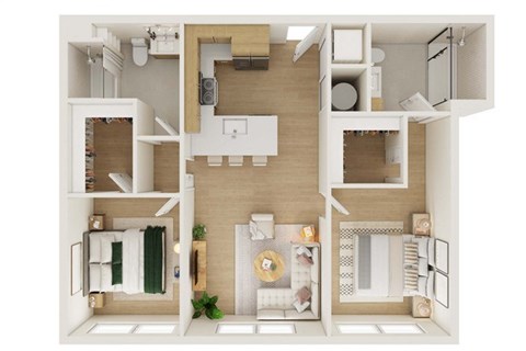 Floor plan for 2 beds, 2 baths, 941 sqft