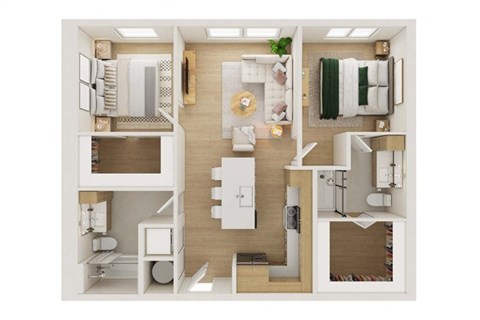 Floor plan for 2 beds, 2 baths, 977 sqft