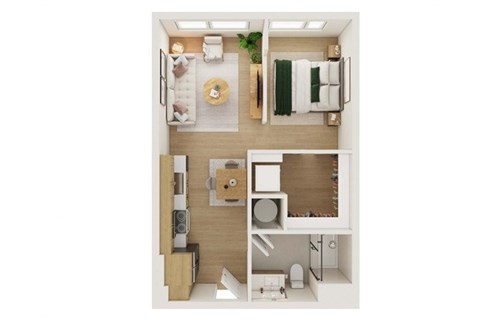 Floor plan for 1 bed, 1 bath, 555 sqft