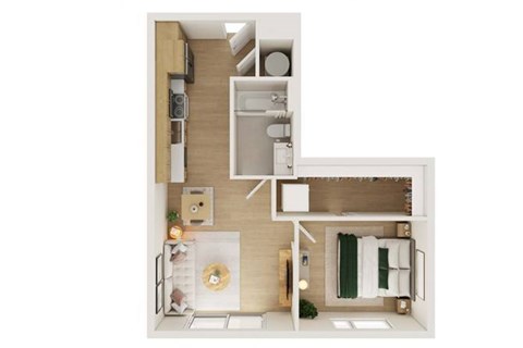 Floor plan for 1 bed, 1 bath, 607 sqft