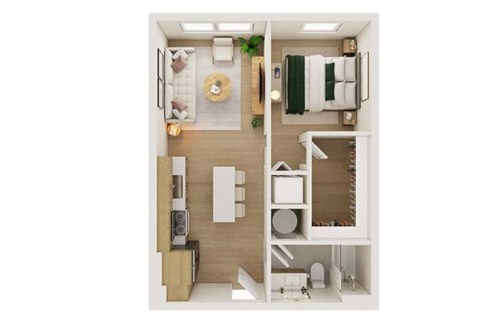 Floor plan for 1 bed, 1 bath, 628 sqft
