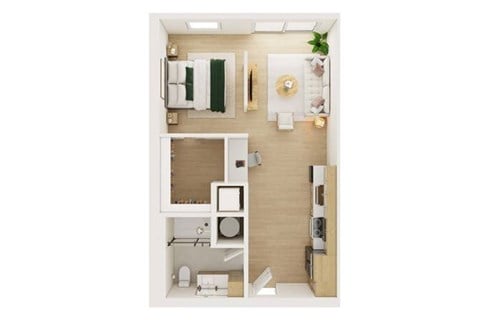 Floor plan for 1 bed, 1 bath, 671 sqft