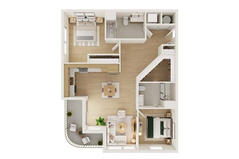 Floor plan for 2 beds, 2 baths, 1038 sqft