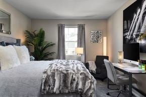 Windsor Mill apartment for rent - A bedroom with a large bed, a desk with a computer, and a chair.