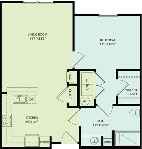 Floor plan for 1 bed, 1 bath, 736 sqft