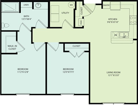 Floor plan for 2 beds, 1 bath, 1003 sqft