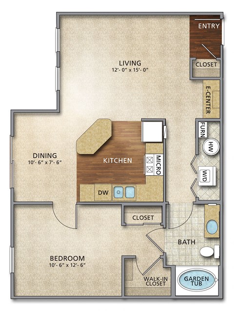 Floor plan for 1 bed, 1 bath, 761 sqft