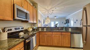 Virginia Beach apartment for rent - A kitchen with wooden cabinets and granite countertops.