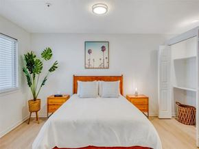 Rockville apartment for rent - A bedroom with a large bed, a painting on the wall, and a potted plant on the side table.