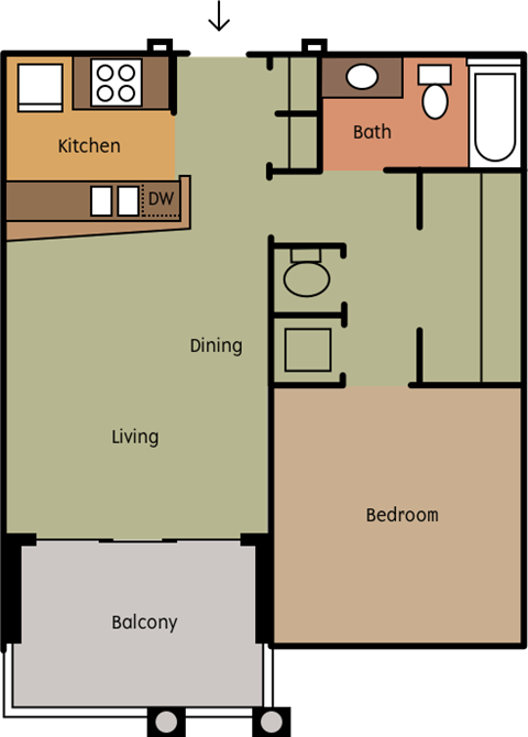 Floor plan for 1 bed, 1 bath, 741 sqft