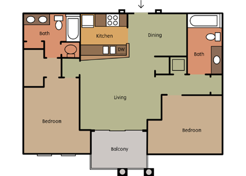 Floor plan for 2 beds, 2 baths, 1092 sqft